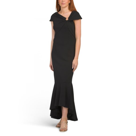 JS COLLECTIONS Black Short Sleeve Flounce Hem Gown - Picture 1 of 2